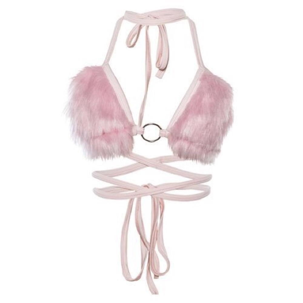 Pink faux fur halter top with adjustable tie.